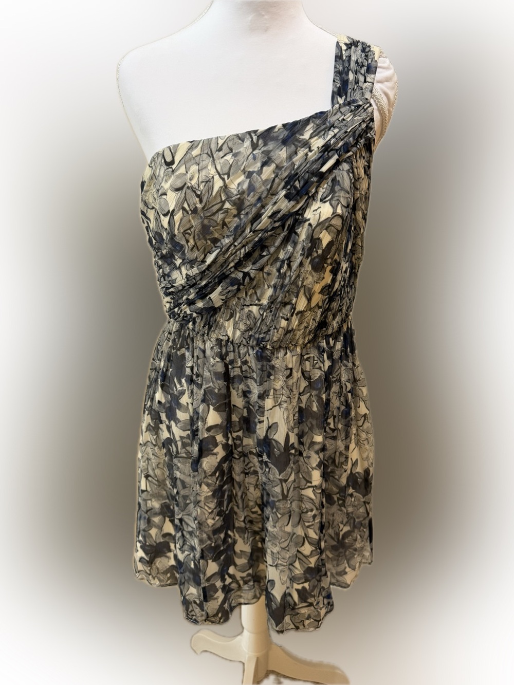 J Crew Lucienne Silk Chiffon Grey & Blue Floral Mini One Shoulder Dress Size 4